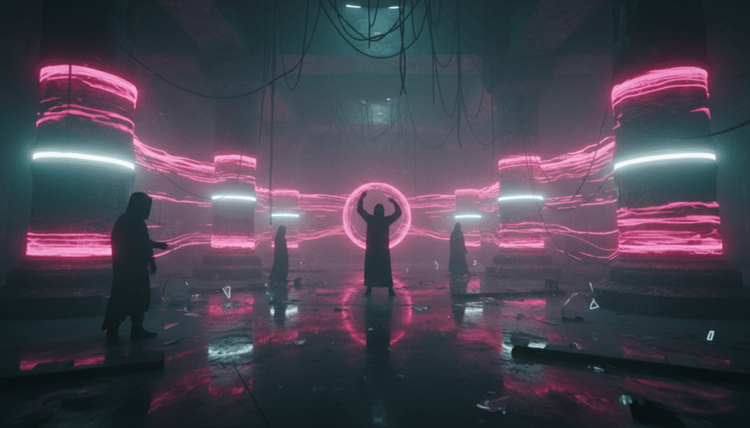 곡의 에너지를 반영하는 빛의 흔적과 진화하는 기하학적 형태로 구성된 프로그레시브 하우스 음악의 추상적인 시각적 표현.