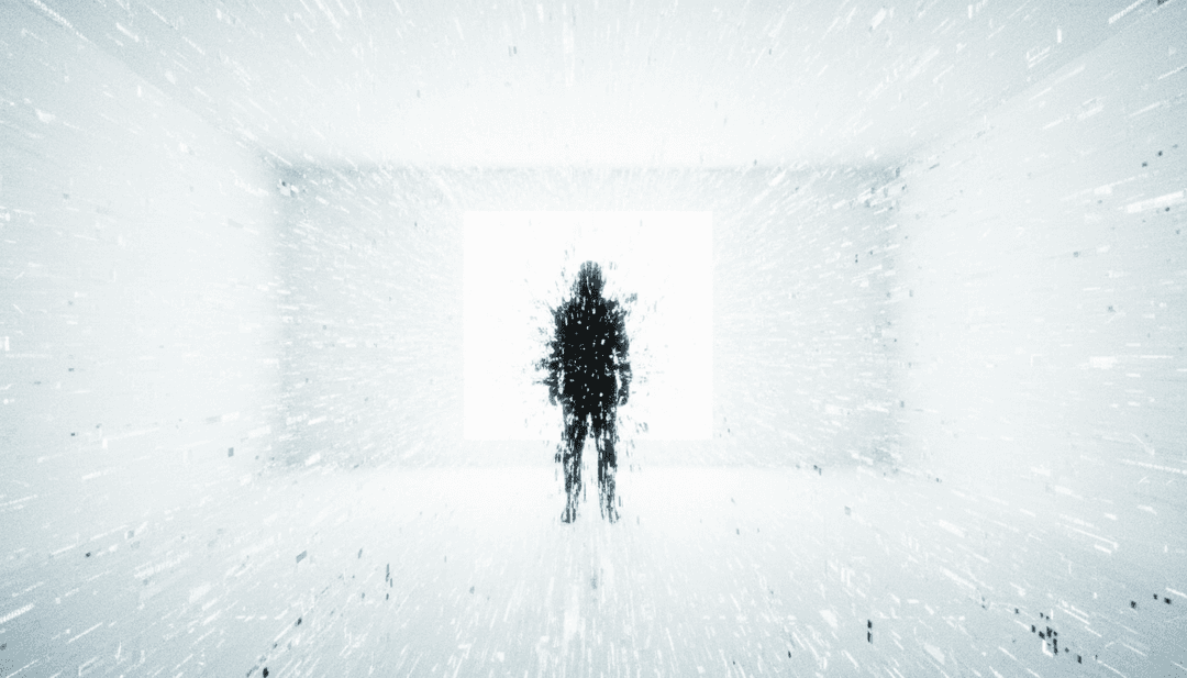 动态、未来主义的城市景观,霓虹灯闪烁,一个人物快速移动,与技术节拍同步,代表 'Appetite' 的视觉转化。