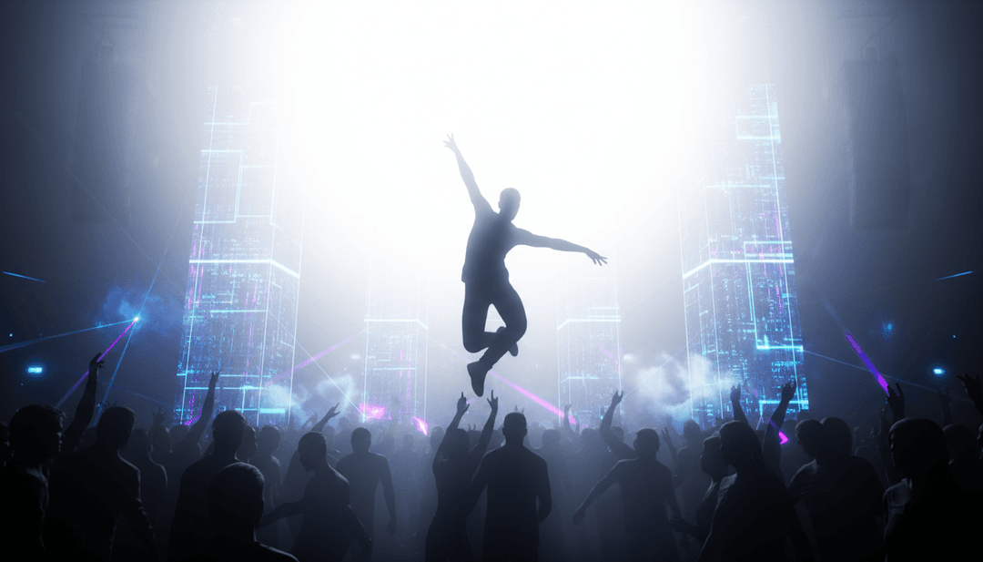 Arte digital vívido que muestra un paisaje urbano nocturno, con luces de neón pulsando al ritmo de la música, reflejando la energía de la canción.