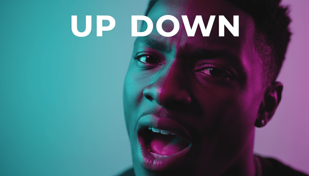 Un clip musical 'Up Down' généré par IA terminé, diffusé sur un écran, présentant des visuels électroniques vibrants et des animations graphiques.