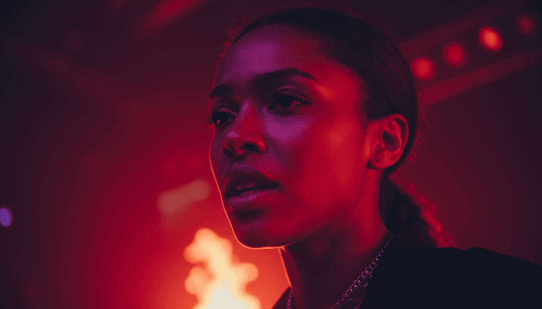 Ein fertiges, hochwertiges Musikvideo für 'Slow Burner' wird auf einem futuristischen Bildschirm abgespielt, mit verschiedenen tanzenden und die Visuals genießenden Menschen.