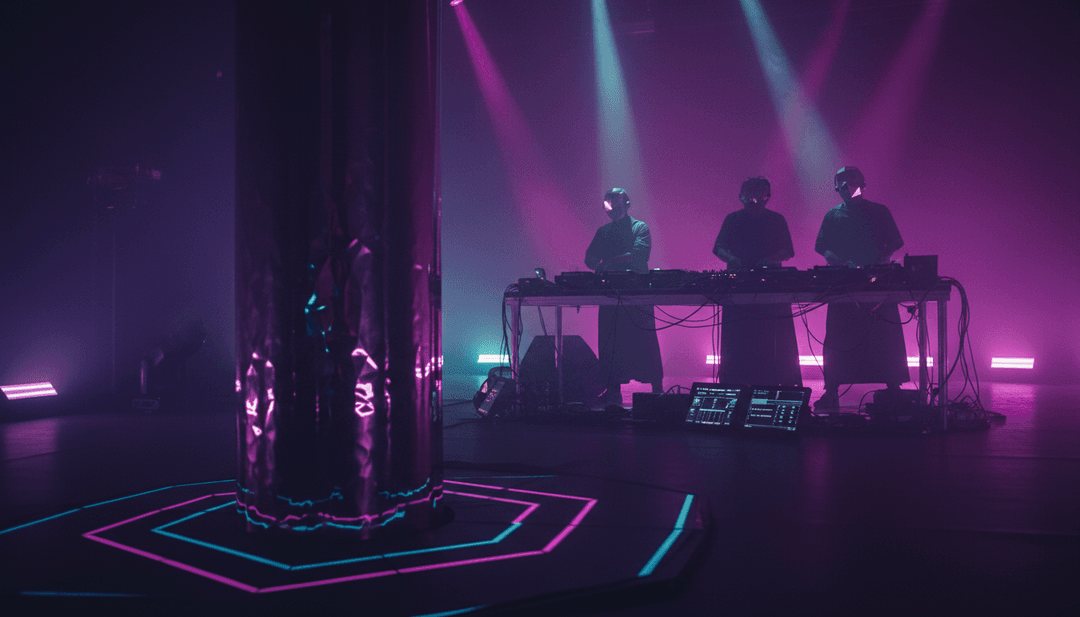 Une visualisation abstraite de néons pulsants et d'éléments disco scintillants, représentant l'énergie fondamentale de 'Murder On The Dancefloor - PNAU Remix'.