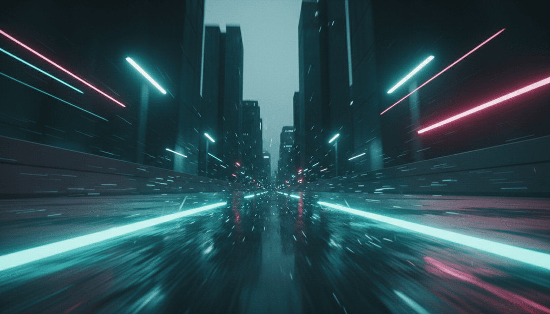 고에너지 프로그레시브 하우스 음악을 레이싱카 이미지와 역동적인 빛의 궤적으로 해석하는 AI.