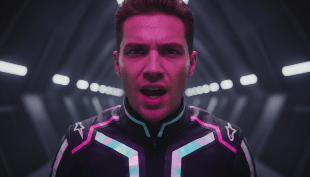 체커 깃발과 모션 블러 같은 F1 요소를 포함하여 프로그레시브 하우스 트랙의 빌드업과 드롭을 나타내는 추상적인 시각 효과.