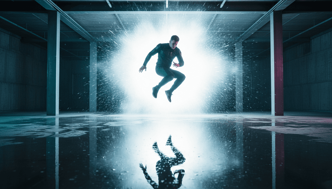 Una scena finale accattivante da un video musicale generato dall'IA, con forme astratte e paesaggi urbani futuristici, con il titolo del brano "Moment" sottilmente integrato.