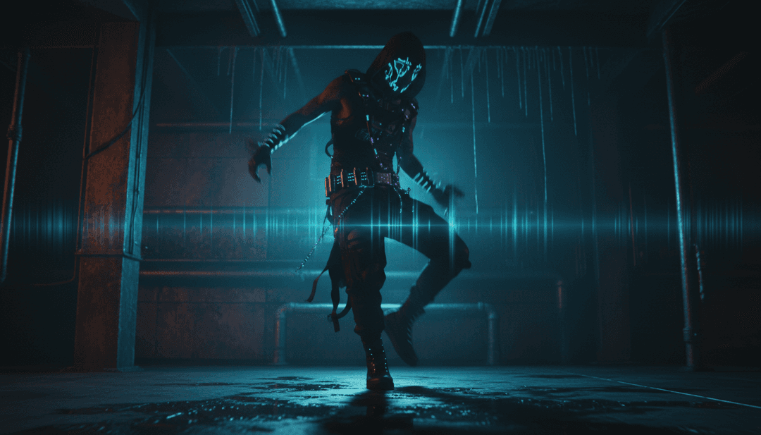 신뢰 붕괴의 추상적인 디지털 표현, 깨진 선과 그림자가 노래의 테마와 초기 AI 해석을 반영합니다.