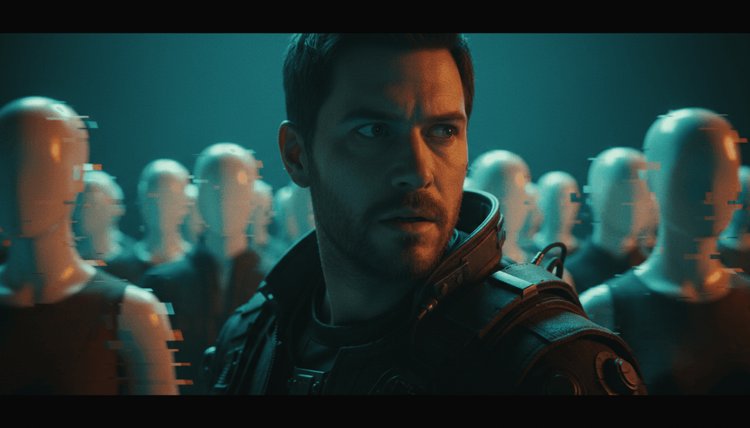 그림자 진 인물, 네온 조명, 미묘한 글리치 효과가 음악의 트랩 비트와 동기화되는 도시 환경의 역동적인 장면.