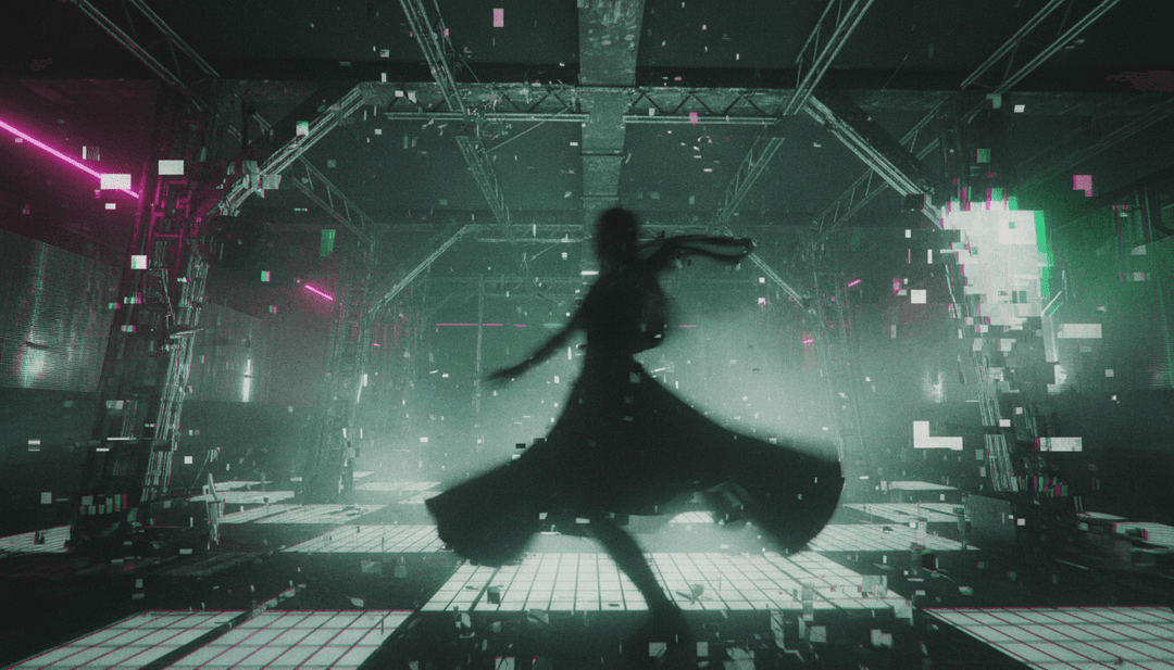 미래 지향적인 화면에서 재생되는 완성된 뮤직 비디오, 빛나는 AI 인터페이스로 둘러싸여 있으며, 자신만의 비디오를 만들라는 행동 촉구가 있습니다.