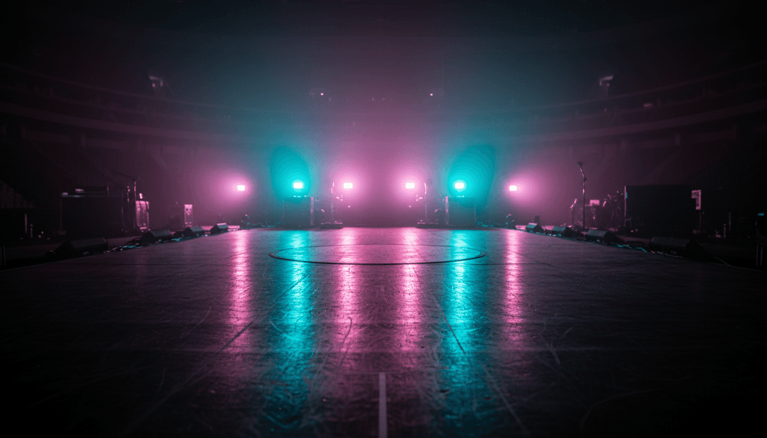 Effets visuels dynamiques synchronisés avec des éléments de musique électronique, montrant des ondes de synthétiseur se transformant en paysages urbains néon et des rythmes créant des motifs lumineux.