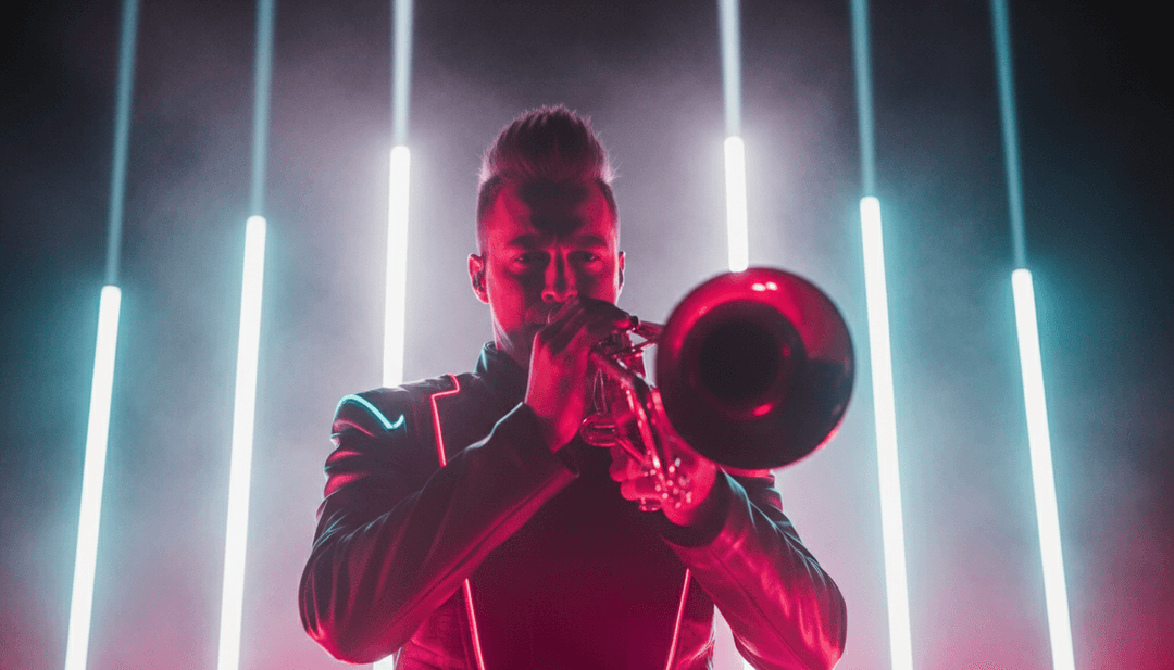 AI为《Time To Say Goodbye》生成的动态视觉效果,将女高音歌手与未来感驰放图形融合。