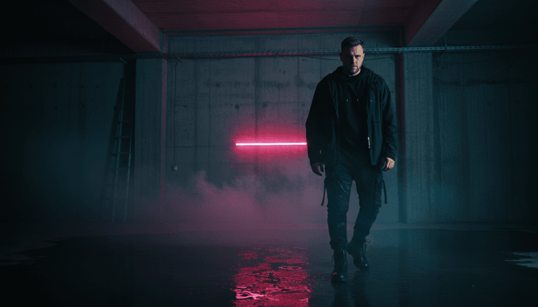 Visualizador abstrato para 'Sun Is Dark' de WILL K gerado por IA, apresentando luzes escuras e pulsantes e padrões eletrônicos rodopiantes, simbolizando o gênero house e tech house da música.