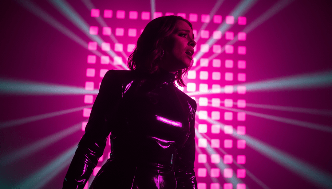 Une silhouette futuriste se tenant devant un écran colossal affichant le clip musical généré par l'IA, achevé et très énergique pour le morceau de REESE, inspirant la création.