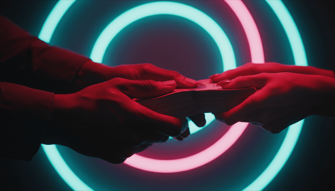 A stylized cityscape animated with neon lights pulsing to the beat of 'BLOW (WHITE GIRL IN TOWN)' generated by AI