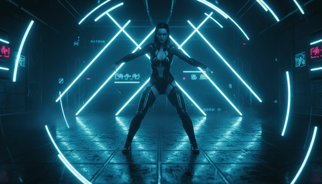 Un paysage urbain éclairé au néon reflétant l'art glitch, incarnant l'ambiance phonk sombre de Girls MIA.