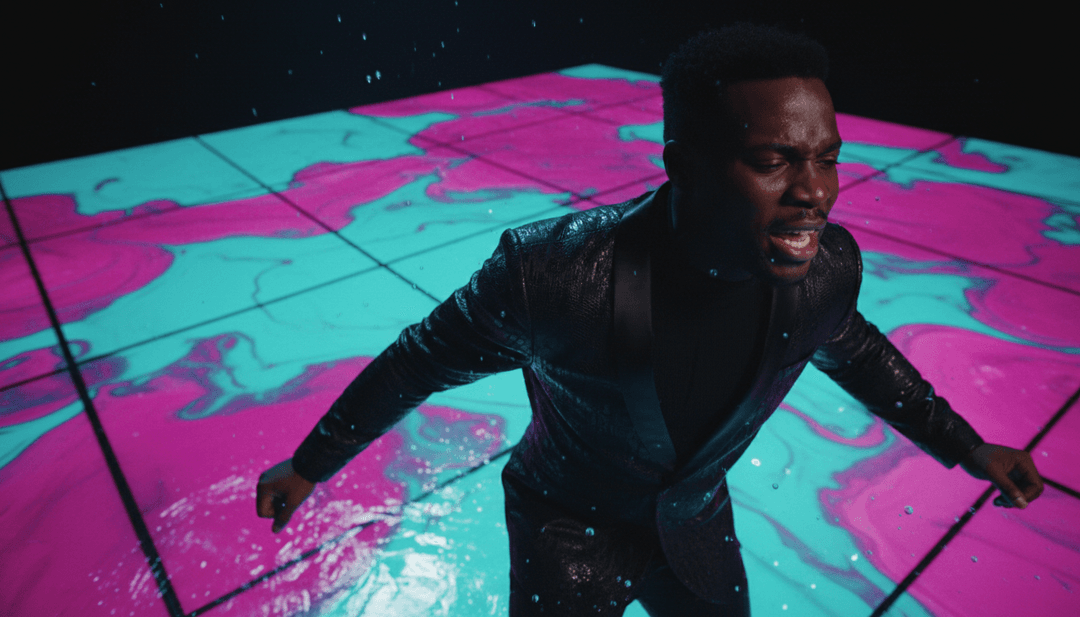 AI가 생성한, David Guetta, Teddy Swims, Tones And I의 "Gone Gone Gone"의 복잡한 비트와 멜로디에 반응하는 역동적인 시각, 빛, 추상적인 형태.