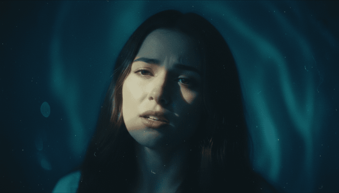 चमकते कणों के साथ अमूर्त नीली और बैंगनी लहरें, इलेक्ट्रॉनिक संगीत ऊर्जा और समुद्र की विशालता का प्रतिनिधित्व करती हैं।