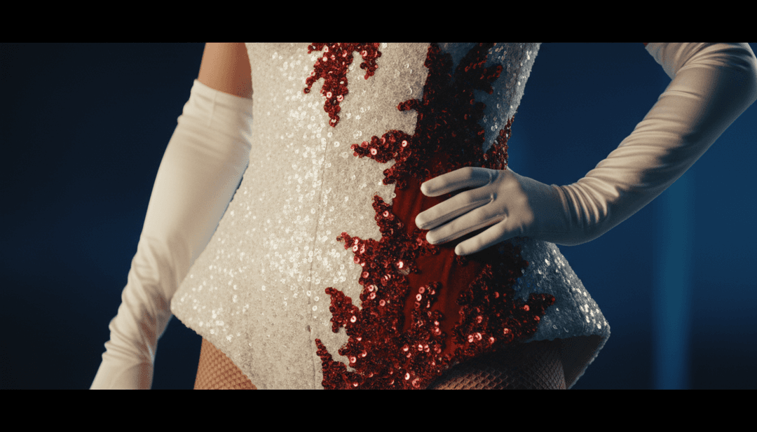 AI che interpreta musica synth-pop drammatica, visualizzando il viaggio emotivo di un personaggio con elementi eterei.