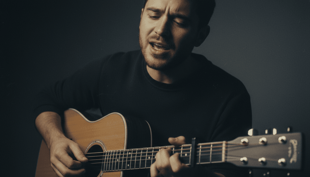 Alex Warren의 'Eternity'의 사운드스케이프와 보컬 여정에서 영감을 받은, 떠다니는 나뭇잎과 광활한 풍경을 응시하는 외로운 인물과 같은 시각적 요소들.