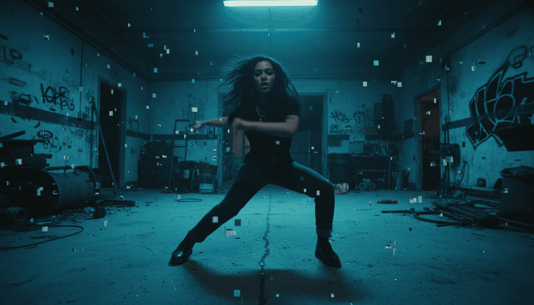 Animación digital dinámica que ilustra ondas sonoras transformándose en patrones visuales en evolución, representando la interpretación musical en tiempo real de la IA.