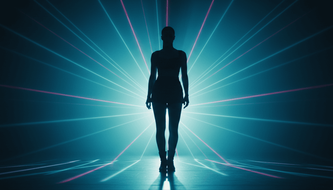 スピード、ネオンライト、未来的な都市のスカイラインを表現した抽象的なデジタルアートで、Tate McRaeの「Sports car」の本質を捉えています。