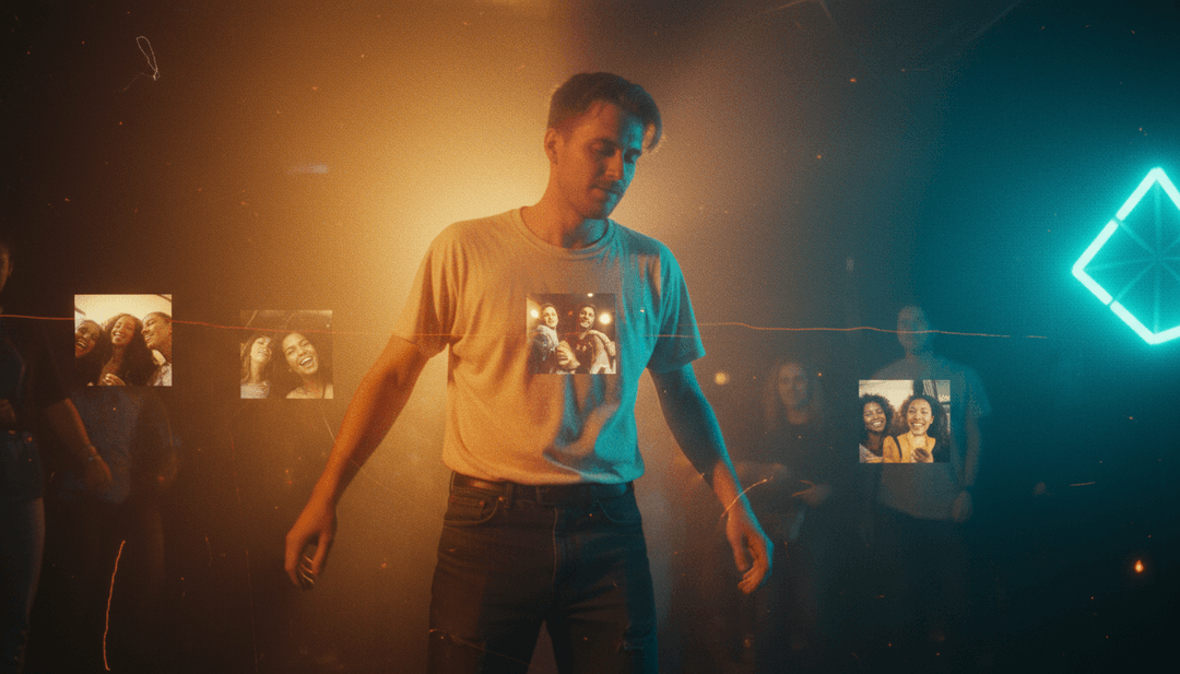 Séquence visuelle dynamique de personnes dansant sous des lumières vibrantes, paroles animées apparaissant en synchronisation, et plans aériens pittoresques, démontrant un clip musical généré par IA pour 'Best Day of My Life' avec des légendes gratuites.