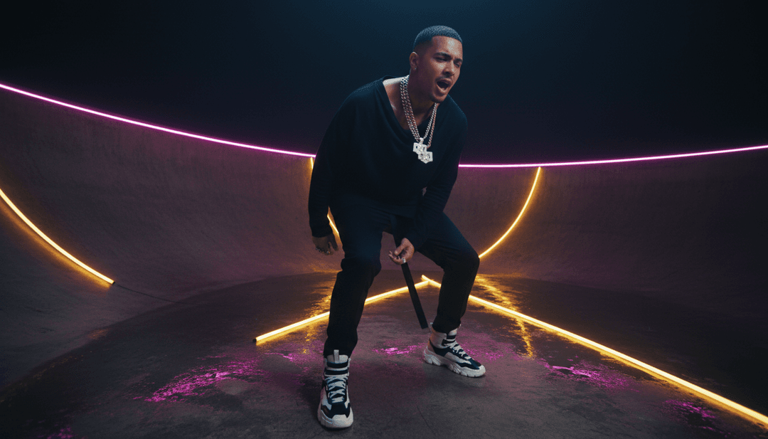 गतिशील एआई-जनित वीडियो अनुक्रम जिसमें जीवंत डांसहॉल दृश्य, शहरी स्ट्रीट आर्ट और गीतात्मक टेक्स्ट ओवरले दिखाए गए हैं, जो 'Which One (feat. Central Cee)' से प्रेरित हैं।