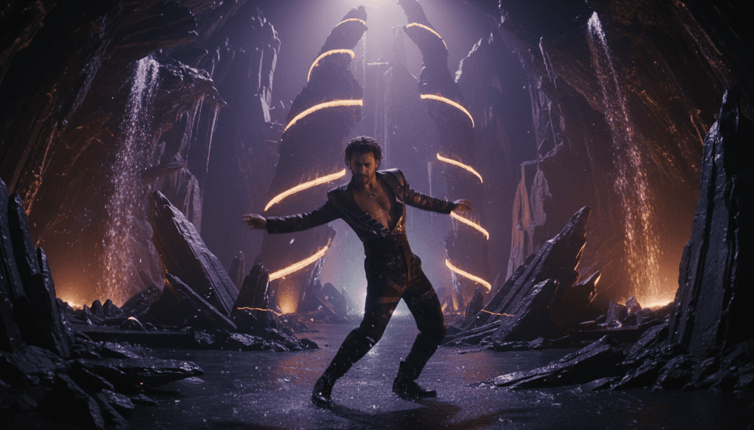 एक चमकता, जीवंत डिजिटल परिदृश्य जो एक संगीत तरंगरूप के साथ तालमेल बिठाकर बदल रहा है, जो ध्वनि को दृश्यों में AI के अनुवाद को दर्शाता है।