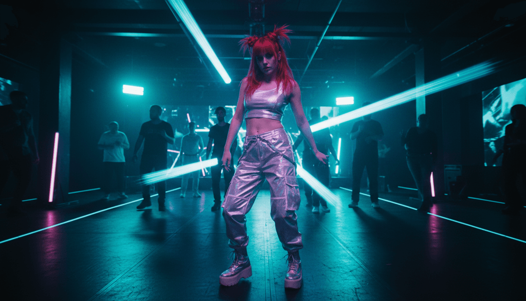 Dynamische KI-generierte Musikvideoszene mit Neonlichtern, tanzenden Silhouetten und einem futuristischen DJ-Pult, die die Essenz von 'Party People' einfängt.