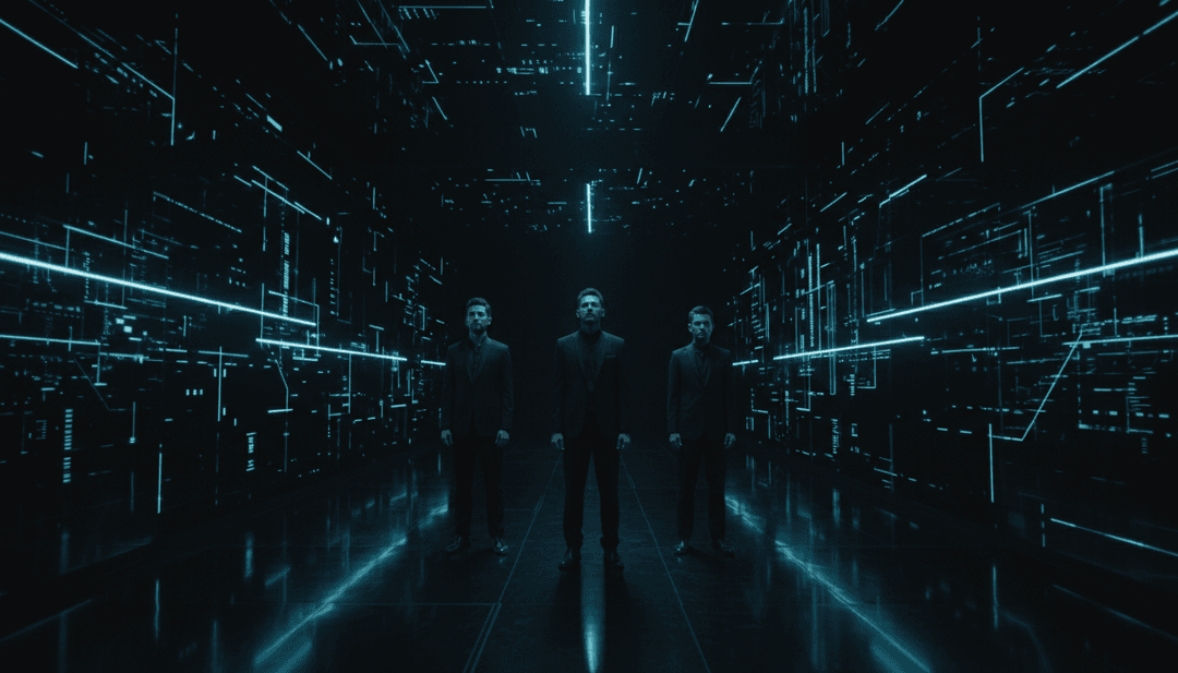 도시 배경에서 계산대, 디지털 영수증, 그리고 울려 퍼지는 트랩 비트를 추상적으로 표현한 AI 이미지.