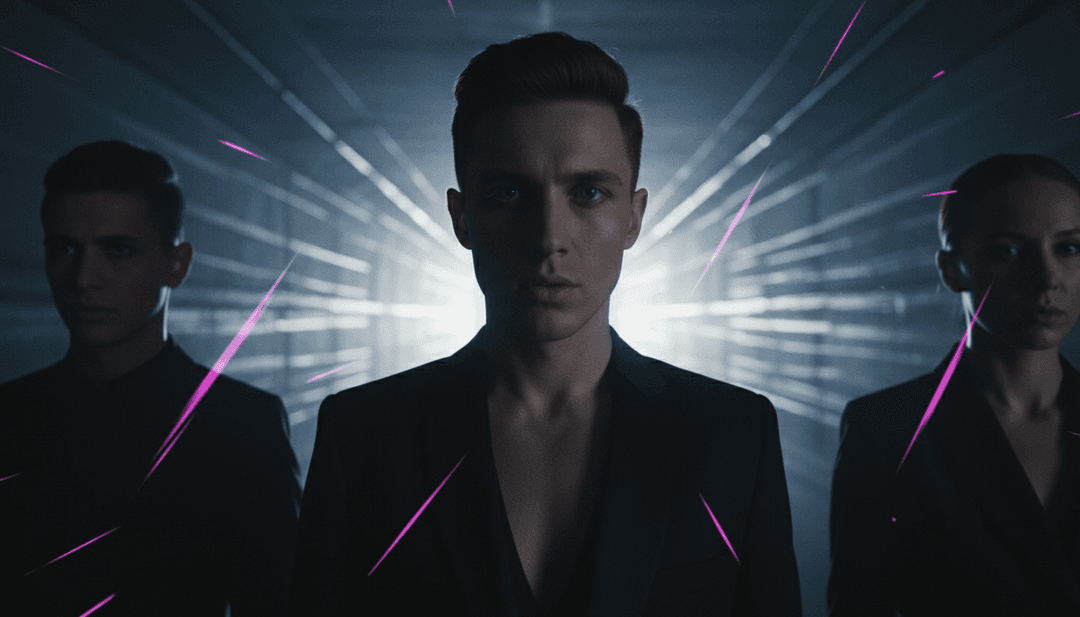 반짝이는 도시 풍경, 빠른 시각 효과, 음악 템포에 반응하는 애니메이션 캐릭터 윤곽선을 묘사한 에너지 넘치는 뮤직 비디오 장면.