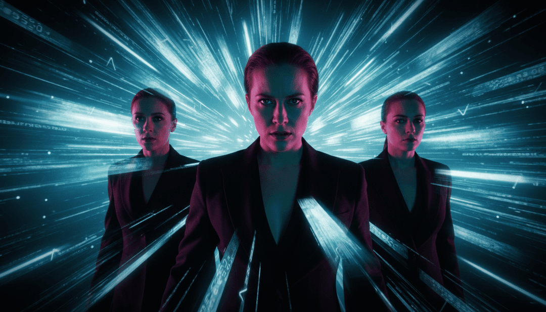 완성된 뮤직 비디오가 대형 화면에서 재생되고 빛나는 디지털 효과에 둘러싸여 있으며 freebeat.ai 로고가 미묘하게 통합된 역동적인 최종 장면.