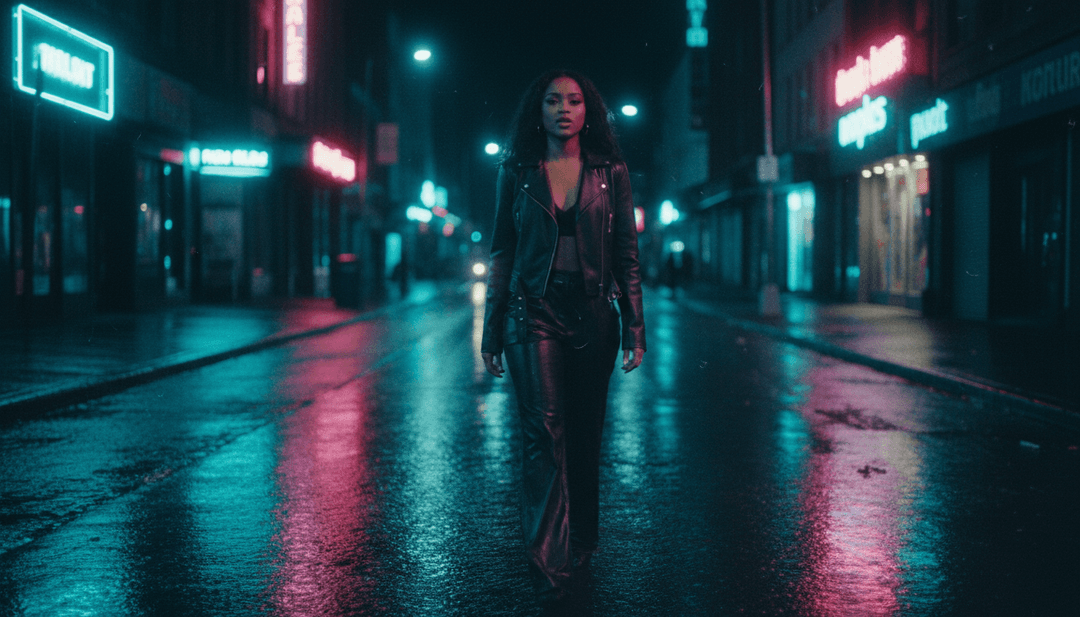 AI에 의해 생성되는 'No Broke Boys'의 역동적인 뮤직 비디오 장면으로, 네온 도시 풍경, 세련된 패션, 에너제틱한 댄스 동작과 같이 노래의 비트에 맞춰 변화하는 동기화된 비주얼을 선보입니다.