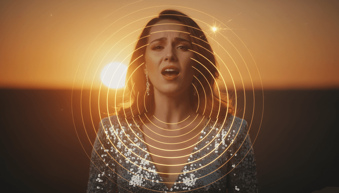 Dynamische KI-generierte Bilder, die aufsteigende Synthie-Wellen, komplexe Lichtmuster und eine Tänzersilhouette zeigen, synchronisiert mit elektronischer Tanzmusik.