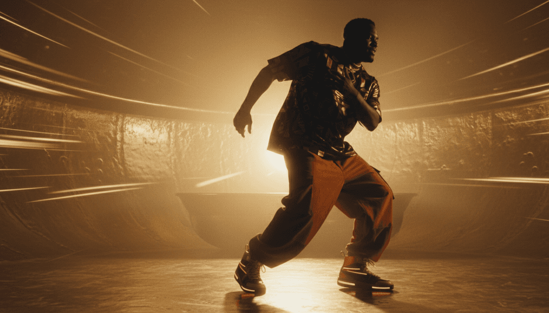 Visuais dinâmicos sincronizados com Lance Savali's Devotion, mostrando dançarinos em uma rave iluminada por néon, formas de onda animadas e padrões de luz abstratos gerados por IA.