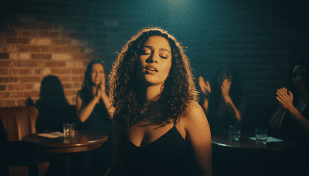 Dynamische Visuals von leuchtenden Stadtlandschaften, die mit tanzenden abstrakten Figuren verschmelzen, synchronisiert mit einem Deep-House-Pop-Beat.