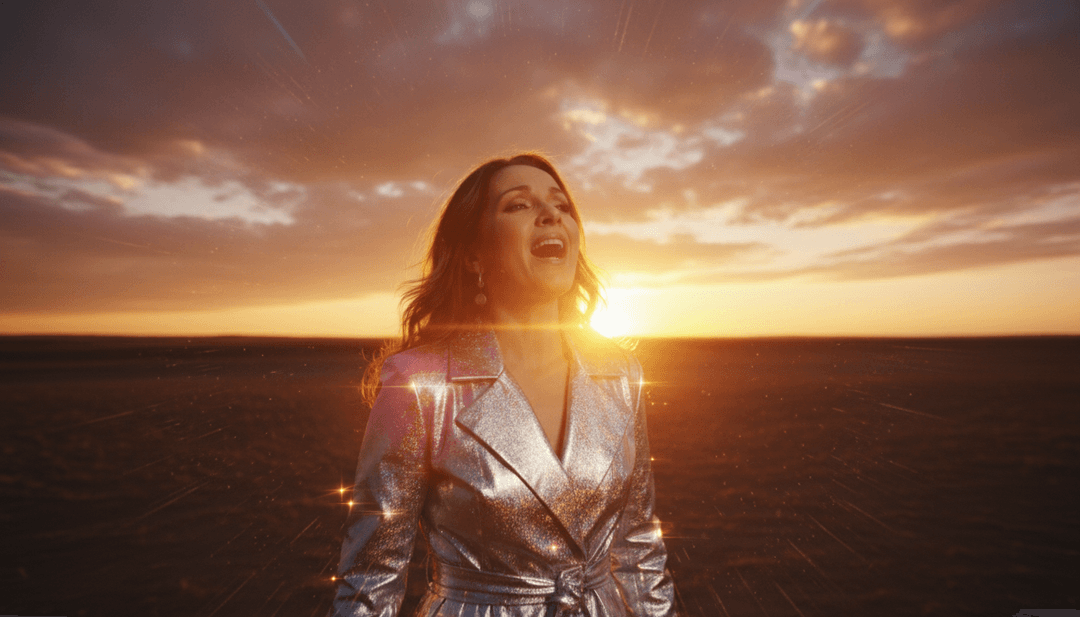 고에너지 뮤직 비디오를 표시하는 생생하게 애니메이션된 화면에 손을 뻗어 만지는 모습, 사용자 상호작용 및 창의적 제어를 상징합니다.