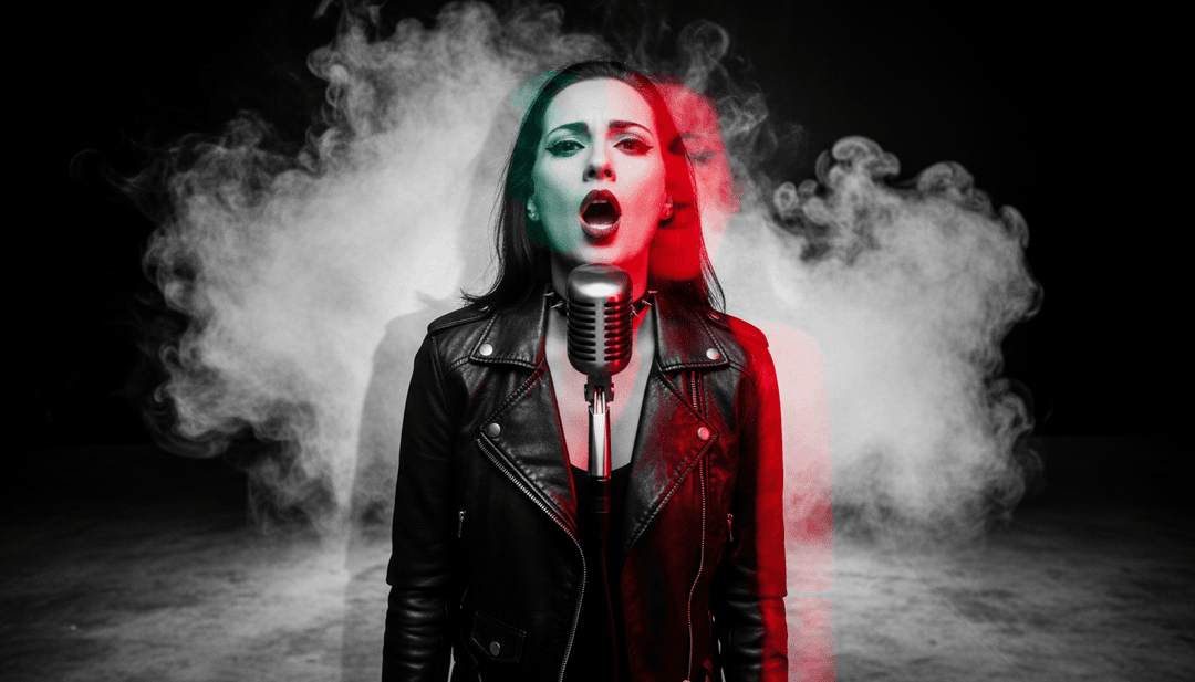 IA analisando a forma de onda da música Abracadabra de Lady Gaga, cercada por luzes neon pulsantes, representando a energia eurodance e a transformação mágica.