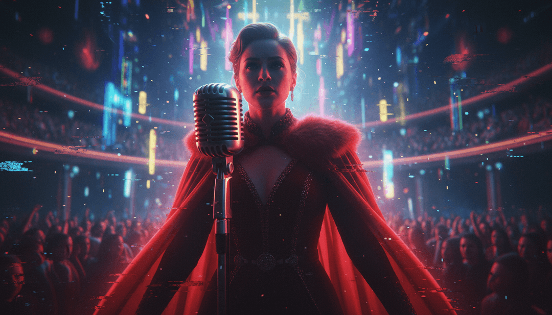 Uma cena vibrante de vídeo musical gerada por IA de Abracadabra de Lady Gaga, mostrando uma figura se transformando em um túnel caleidoscópico de luz, refletindo a batida energética da música.