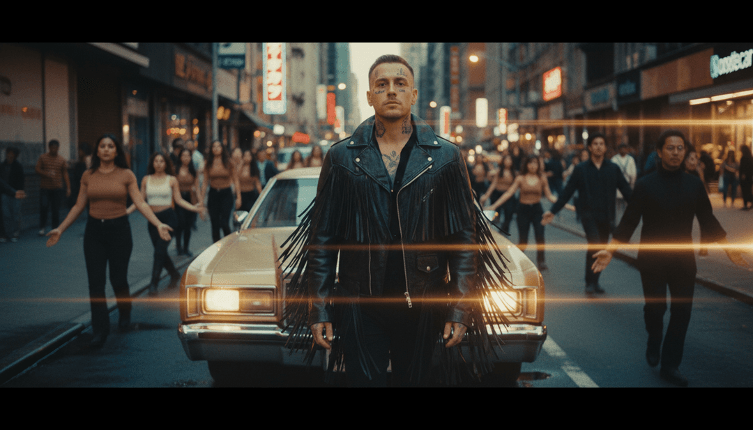 一幅引人入勝的 AI 生成 'Circles' 音樂影片場景,背景為秋天的色彩、一個人物慢動作行走,以及微妙的幾何圖案。