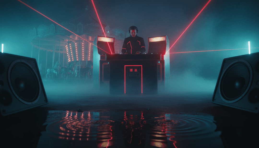 Visuais dinâmicos mostrando ondas sonoras abstratas transformando-se em cenas visuais específicas: um drop de baixo pulsante criando trilhas de luz neon, uma linha vocal manifestando-se como tipografia cinética e uma batida levando a uma coreografia de dança intrincada.