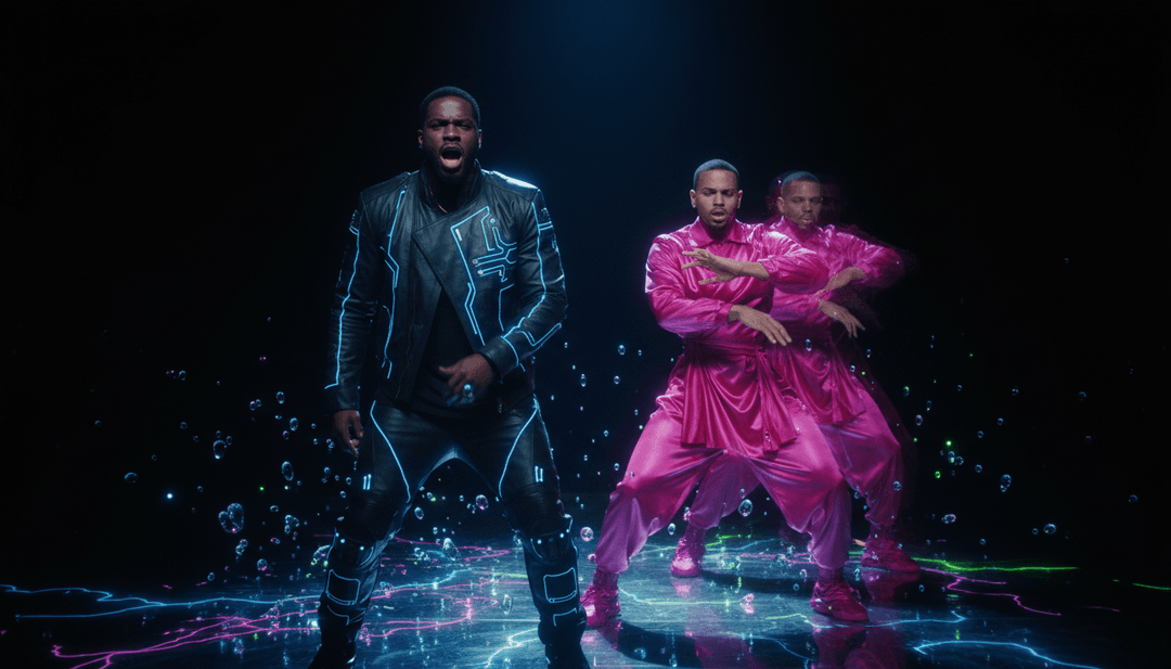 freebeat.ai 為「Superhero」生成的動態音樂影片場景,描繪了高能量的城市動作、風格化的角色剪影和與 Trap 節拍同步演變的景觀。