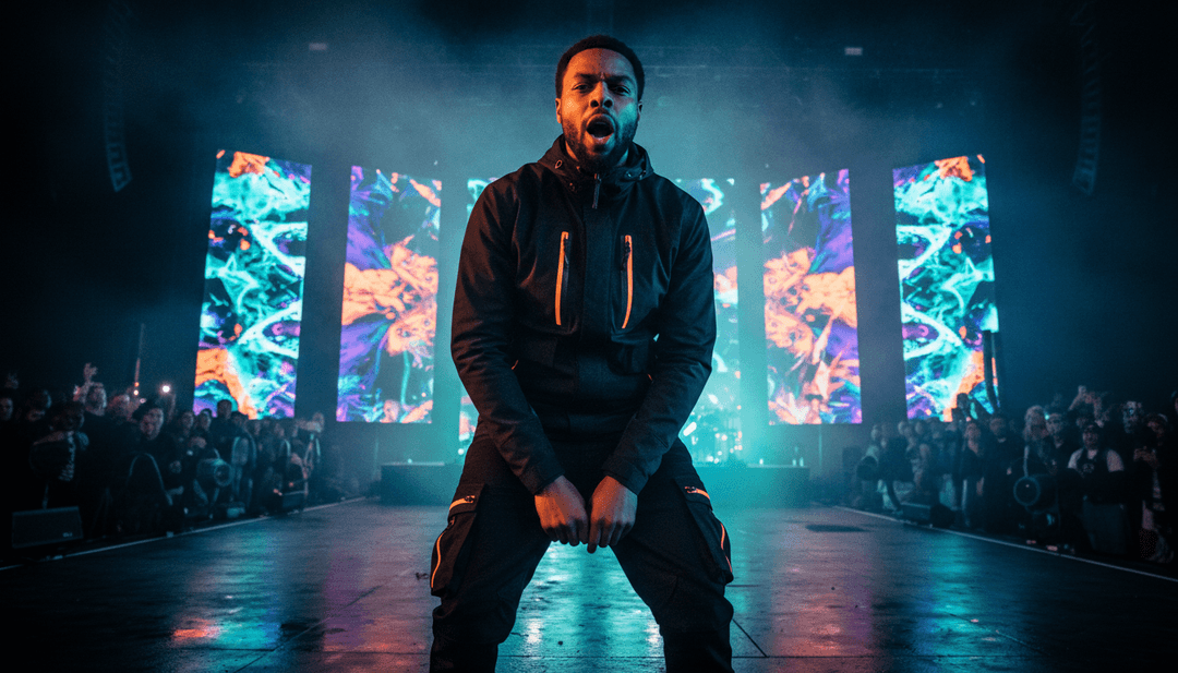 动态的 AI 生成音乐视频场景,展示一辆汽车在霓虹灯闪烁的东京街道上漂移,与 Denzel Curry 的说唱序列同步。