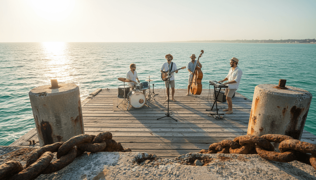 Arte conceitual inspirada nas letras de 'I Ain't Worried', mostrando uma paisagem vibrante e otimista com energia fluida e vibrações de verão.