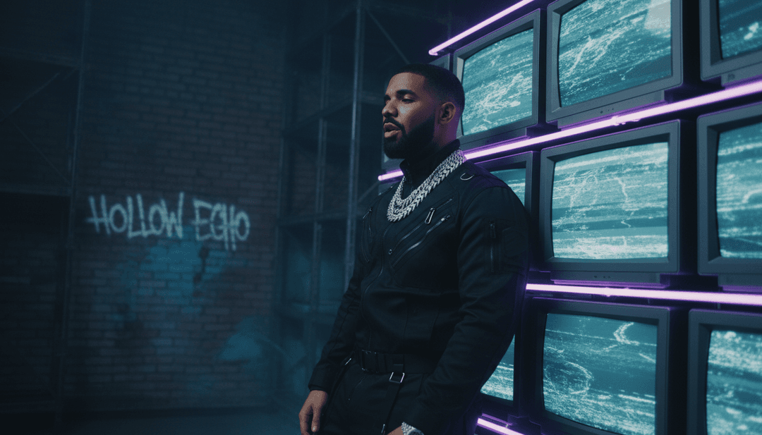 Visuais dinâmicos gerados por IA, exibindo cenas inspiradas nas metáforas de Lil Wayne, nas linhas melódicas de Drake e nas inflexões trap de Future de 'Love Me'.