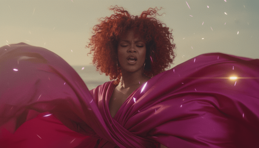 Cena de videoclipe gerada por IA dinâmica com uma mulher dançando sob holofotes, refletindo a vibe eletrônica dance-pop de Only Girl (In The World) de Rihanna.