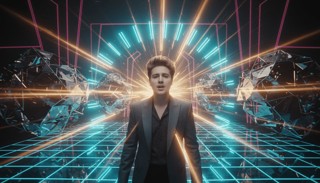 Visuais dinâmicos de ondas de sintetizador e batidas de bateria criando paisagens urbanas futuristas e figuras simbólicas em movimento.