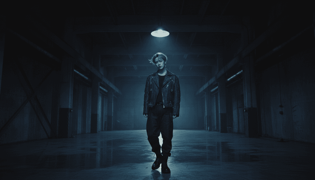 Imagem conceitual de IA analisando ondas sonoras e letras de 'Like Crazy' de Jimin, traduzindo elementos de K-Hip-Hop e Trap em temas visuais.