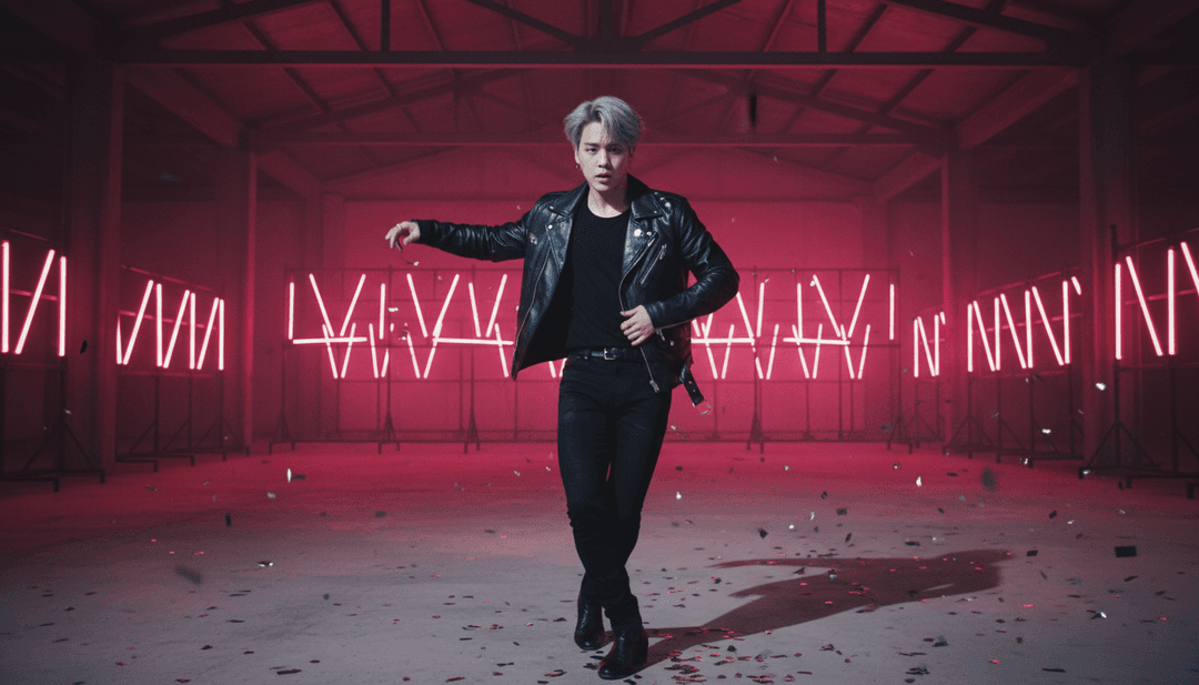 Visuais dinâmicos de uma paisagem urbana se transformando ao ritmo de 'Like Crazy', com representações abstratas de dança e emoção geradas por IA.