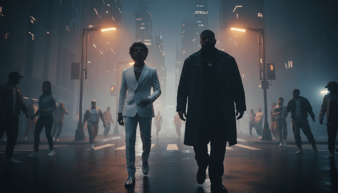 'Churchill Downs'의 비트 드롭과 가사 변화를 반영하는 빠른 자동차, 도시 불빛, 럭셔리함의 역동적인 장면.