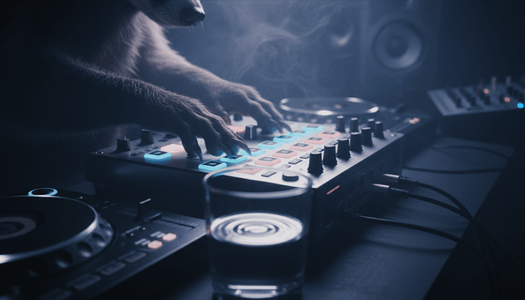 Representação visual abstrata de ondas sonoras e luz pulsando ao ritmo de 'These Words', refletindo uma profunda interpretação de música dance-pop pela IA.